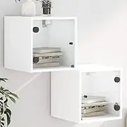 Bedside Tables with Glass Doors, White, 35x37x35 cm, Bed & Nightstand Furniture for Bedroom, Living Room, Wooden Table with Storage Drawers