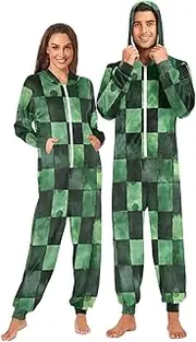 [AIXIWAWA] Adults Onesie Pajamas Green Checkered Print Zip Front One Piece Pajama Jumpsuits for Men Women S