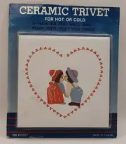 Vintage Ceramic Trivet Hand Painted Loving Couple, Taiwanese Style, 4.5"