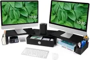 Dual Monitor Stand Riser W/ Drawer & Metal Leg, Large Computer Monitor Riser W/