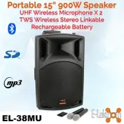 E-Lektron EL-38UM 15" inch 900W Bluetooth Portable PA Speaker 2 X UHF Microphone