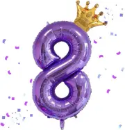 40 Inch Purple Number 8 & Mini Crown Balloon for Birthday Party Decorations, 8th
