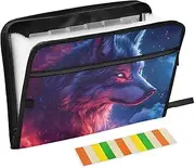 Quteprint 13 Pockets Expanding File Folder with Zipper Closure, Wolf Glowing Eyes Galaxy Accordion File Folder with Sticky Labels, Letter Size A4 Papers Expandable File Document Organizer