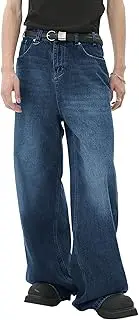 [Generic] Men's 90S Low Rise Hip Hop Denim Pants Solid Loose Fit Streetwear Trousers Vintage Baggy Straight Leg Jeans, Deep Blue, Small