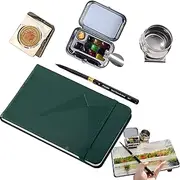 Portable Watercolor Painting Set - 10 Grid Metal Palette Box with Mini Watercolor Book, Magnetic Clip, Washpot & Pencils - Travel Art Kit for Artists, Students & Outdoor Sketching (E#)
