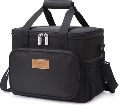Medium Insulated Lunch Bag Soft Cooler Tote Black 12-Can Capacity 9L