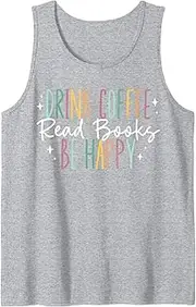 [Generic] Drink Coffee Read Books Be Happy Pastel Quote Design Book Coffee Lovers Tank Top T-Shirt for Men Crew Neck Tee Shirt
