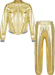 [Miaeowve] Kids Girls Shiny Metallic Dance Outfits Sets Hip Hop Bomber Jacket with Sweatpants Jazz Costume