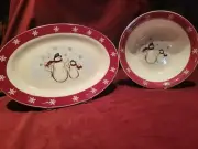 Royal Seasons Christmas Stoneware. Snowmen. 10" Bowl & 14 1/4" Platter.