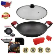 14-Inch Pre-Seasoned Cast Iron Wok Set with Glass Lid & Silicone Handle Holders