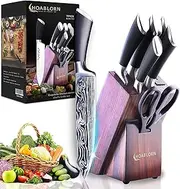 7-Piece Kitchen Knife Set With Block - Professional Stainless Steel Damascus Knives With Built-in Sharpener for Chef's Family