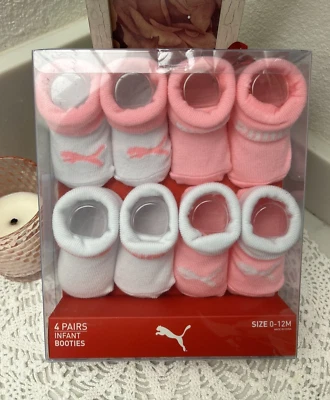 Puma Baby 4 Pk Pink White Polyester Cuffed Logo Graphic Sock Booties Set 0-12 M0