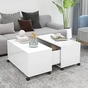 Coffee Table White High Gloss Wood Square, Small Low Table for Living Room, Sala, Center, and Bedroom with Storage for Furniture & Lego