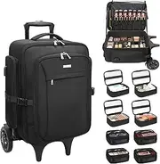 [Relavel] Rolling Makeup Case with 8 small bags, Large Make Up Travel Organizer with 2 big Wheels, Professional Lockable Makeup Artist Backpack with Adjustable Dividers for Daily Use, Trip - Black