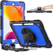 Timecity Case for iPad 9th/ 8th/ 7th Generation 10.2 inch (Case for iPad 9/8/ 7 Gen): with Strong Protection, Screen Protector, Hand/Shoulder Strap, Rotating Stand, Pencil Holder - Dark Blue