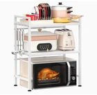 PUSDON Microwave Oven Rack, Adjustable Shelf Organizer 3-Tiers with 3 Hooks, &