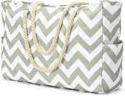 [Becokan] Beach Bags for Women Large Waterproof Beach Tote Bag Zipper Beach Bags Waterproof Sandproof Swim Pool Bag, Grey Green Wave, Large