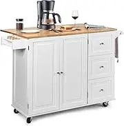 Costway Rolling Kitchen Island With Rubber Wood Drop Leaf, 3 Drawers, Towel & Spice Rack, 2-Door Utility Storage Cabinet on Wheels (White)