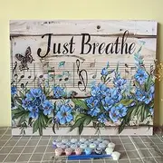 Paint by Number Blue Flowers with Butterfly DIY Painting Canvas with Brushes Acrylic Paints Sign Just Breathe with Musical Note Paint by Numbers for Adults and Kids Beginner 16x20 Inch（DIY Frame）
