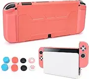 DLseego Protective Case Compatible with Switch OLED, Dockable Hard PC Shell and Soft TPU Grip Cover, Shock-Absorption & Anti-Scratch Case with 8 Thumb Grips for Switch OLED Controller, Coral Red