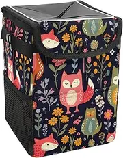 Car Trash Can with Lid and Storage Pockets Leak-Proof Organizer,Waterproof Garbage Can,Flower Bird Animal Bear Fox