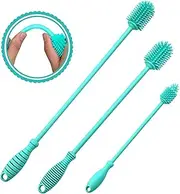 Silicone Bottle Brush Cleaner Set of 3 - Long Handle Bottle Cleaning Brushes Ideal for Narrow Neck Containers, Water Bottles, Thermos, Hydro Flasks, Coffee Mugs, Tumbler Bottles, Baby Bottles (Blue)