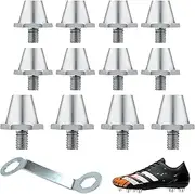 [Guanici] Pack of 12 Screw Cleats for Football Boots Replacement Cleats with Stud Wrench Aluminium Studs Metal Replacement Cleats for Playing Football Basketball High Jump and Long Jump Sneaker Spikes, silver,