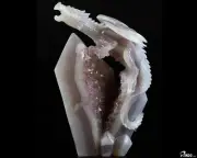 Gemstone 8.3" Agate Amethyst Geode Carved Crystal Dragon Sculpture, Realistic