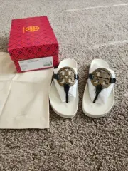 Tory Burch Miller Cloud Sandal Leather Thongs Flip Flops Black Almond Ivory 9.5