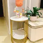 Gold Round Side End Table 2-Tier Sintered Stone Bedside Nightstand Storage Shelf
