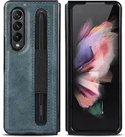 Cavor Crazy Horse Leather Case for Samsung Galaxy Z Fold3 5G 7.6'' Back Cover Case with S-Pen Pocket, Z Fold 3 Case with S Pen Holder Shockproof Protective Phone Cases-Blue