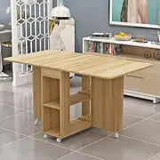 Fold Up Dining Table, Extendable Folding Dining Table with 6 Wheels, Versatile Dinner Table with 2 Storage Racks, Versatile Collapsible Extension Dinner Kitchen Office Desk Table for Work, Study and D