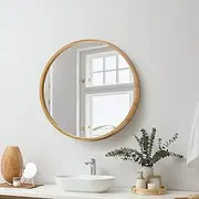 Oikiture Wall Mounted Mirror with Wood Frame 50cm Round Mirror for Living Room Home Furniture
