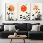 3pcs Bamboo and Red Sun Minimalist Perfect Wall Art Canvas Framed 50x70cm