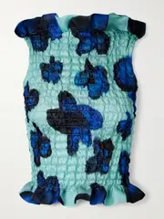 [Conner Ives] Conner Ives - Ruffled Shirred Floral-print Silk-satin Top - Teal - large large Blue