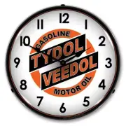 Retro Tydol Veedol Gas Oil Game Room Man Cave Backlit LED Lighted Wall Clock NEW