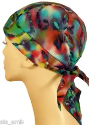 Tie Dye Batik Green Blue Pink Skull Cap Motorcycle Biker Doo Rag Cancer Wrap