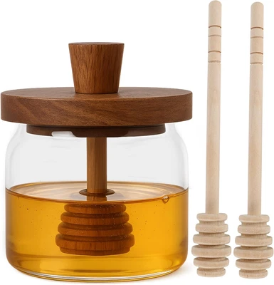 12 Oz Honey Pot with Dipper and Lid - Glass Honey Jar with Wooden Honey Dippers