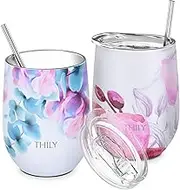 Vacuum Insulated Stemless Wine Tumbler - THILY 12 oz Stainless Steel Wine Glass with Lid and Straw, Keep Cold or Hot for Coffee, Cocktails, 2 Pack(Pink Lilies + Lotus Flower)
