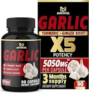 4-in-1 Garlic Supplement - Equivalent to 5050mg Per Capsules - Enhanced with Turmeric Root, Ginger Root, Black Pepper - 90 Capsules for 3 Month Supply