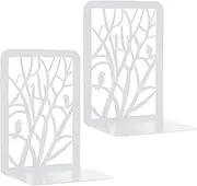 2 Pieces Bookends, White Decorative Metal Book End Holder, Book Ends for Shelves, Anti Slip Book Stopper for for Home Office Library School(IronBirdTree-2, White)