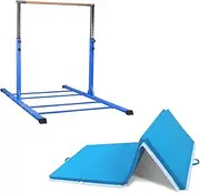 Value Combo Advanced Gymnastic Horizontal Bar Long Base Training Bar + Gym Mat (Blue)