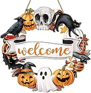 Wood Wreath Ghost Black Cat Pumpkin Skull Door Hanging Sign for Halloween - Rustic Spooky Welcome Wooden Signs for Front Door Hanger Home Decor and Party Supplies