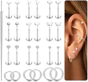 [FloralGrace] 12 Pieces Threadless Flat Back Earrings, Surgical Stainless Steel, Silver Cartilage Earrings, Helix Piercing Jewellery, X-Large, Plastic