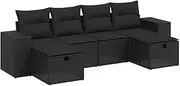 vidaXL Garden Sofa Set with Cushions - Modular 6-Piece Black Poly Rattan for Patio, Terrace, Backyard - Outdoor Furniture with Removable Covers