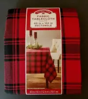 Holiday Time Fabric Tablecloth 60x102 Rectangle Christmas Red Black Check NWT