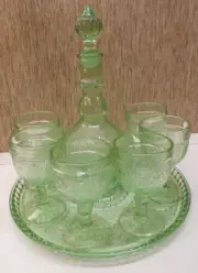 Vintage 1970s Tiara Wine Decanter Set Chantilly Green Glass 8 Pc