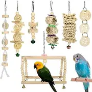 Yorgewd 7 Pack Bird Toys, Natural Wood Small Bird Cage Toys Small Parrot Swing Chewing Toys for Budgies, Small Parakeets, Conures, Love Birds, Cockatiel, Finches