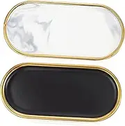 FONDOTIN 2 Pcs Decorative Bathroom Tray Organizers Oval Shaped Marble Design for Perfume Storage Elegant Grey Counter Trays for Vanity Dresser