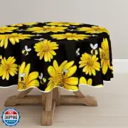 Horaldaily Summer Tablecloth 70×70 Inch Round, Yellow Sunflower Bumble Bee Bl